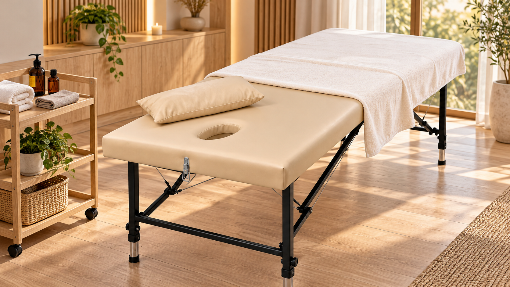 Светлый массажный стол FABRIC STOL с защитным текстилем и массажным маслом